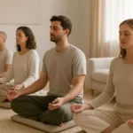 Beginners oefenen samen meditatie op kussens in een lichte woonkamer