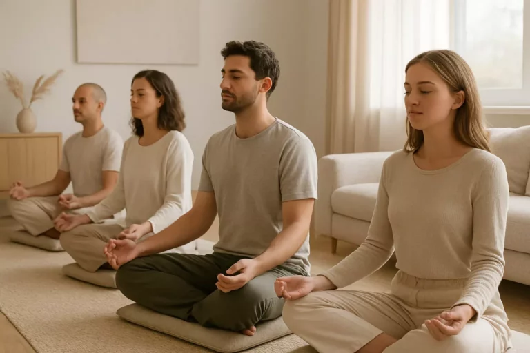 Beginners oefenen samen meditatie op kussens in een lichte woonkamer