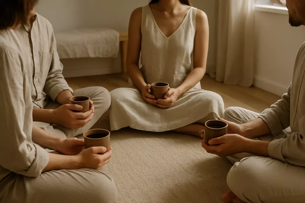 Deelnemers drinken cacao in een kring tijdens een rustige mindfulnessceremonie