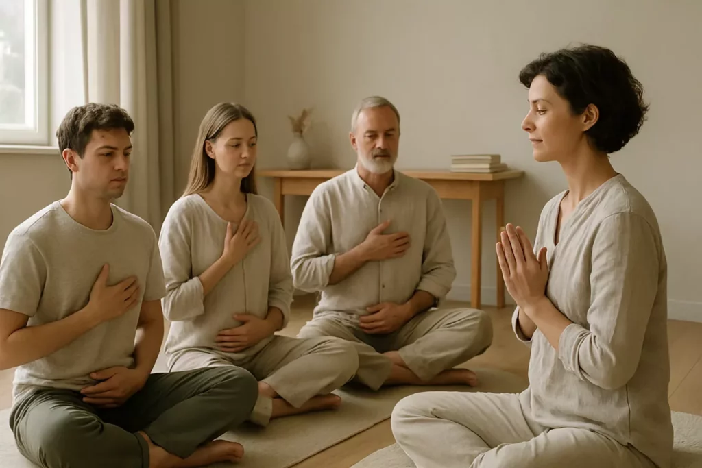 Deelnemers oefenen samen mindful ademhalen tijdens een rustige tantraworkshop